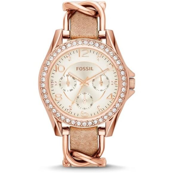 Riley Quartz Stainless Steel and Leather Watch, Rose Gold, Sand (Model: ES3466) main image 4